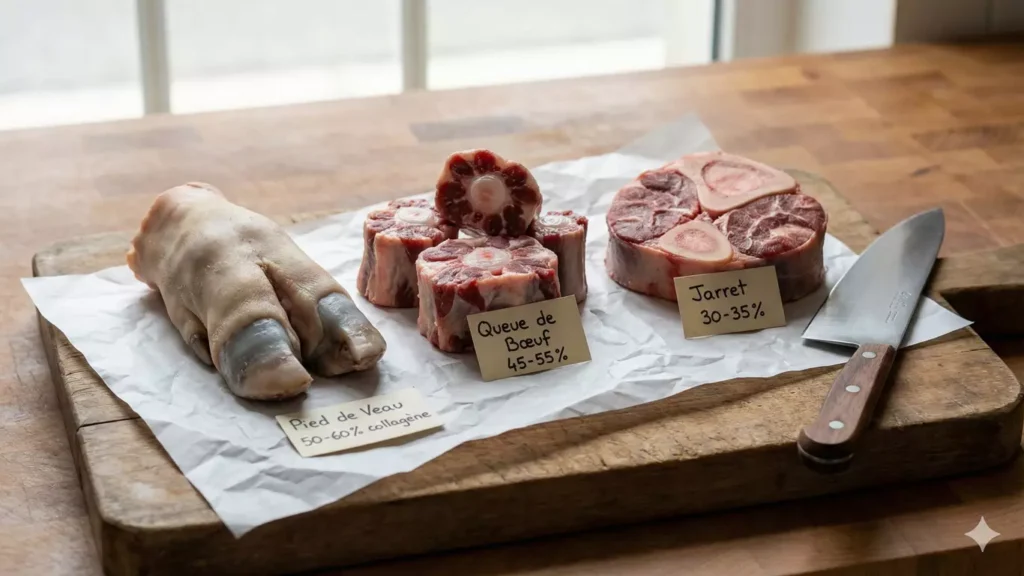 Trois meilleurs morceaux pour bouillon d'os : pied de veau coupé, queue de bœuf en tronçons, os à moelle jarret, anatomie osseuse collagène