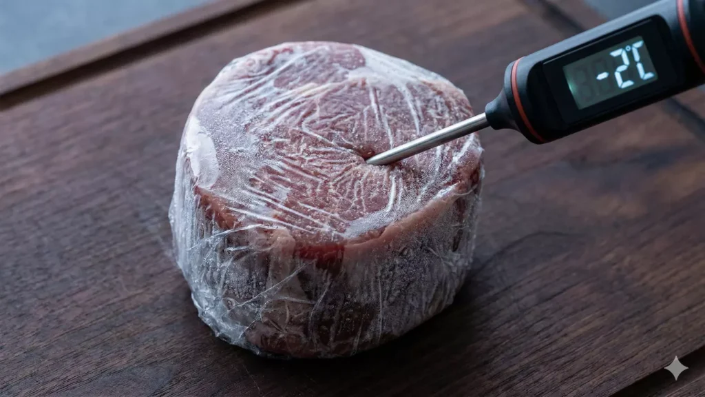 Morceau de bœuf de forme cylindrique pour carpaccio, sortant du congélateur, ferme au toucher et légèrement givré en surface, prêt pour une découpe parfaite.