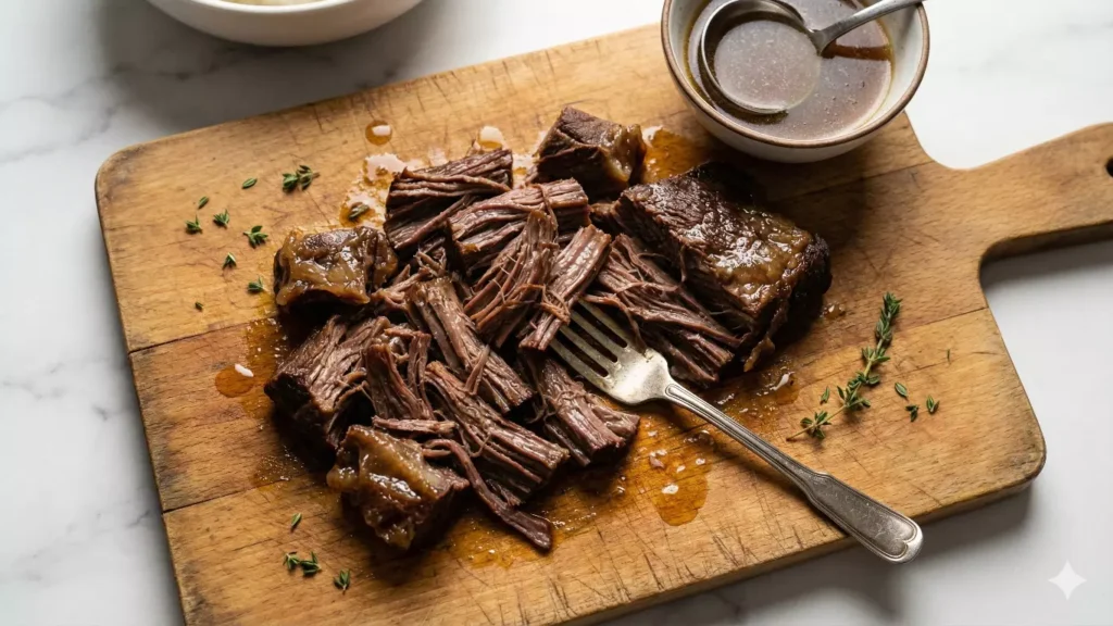 Viande de bœuf du pot-au-feu effilochée à la fourchette sur planche de bois, technique professionnelle pour hachis parmentier