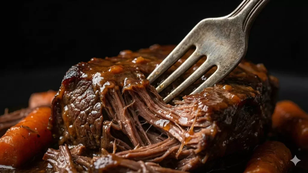 Gros plan sur un morceau de boeuf carottes dans une assiette, en train de s'effilocher sans effort avec une simple fourchette, illustrant sa texture ultra fondante.