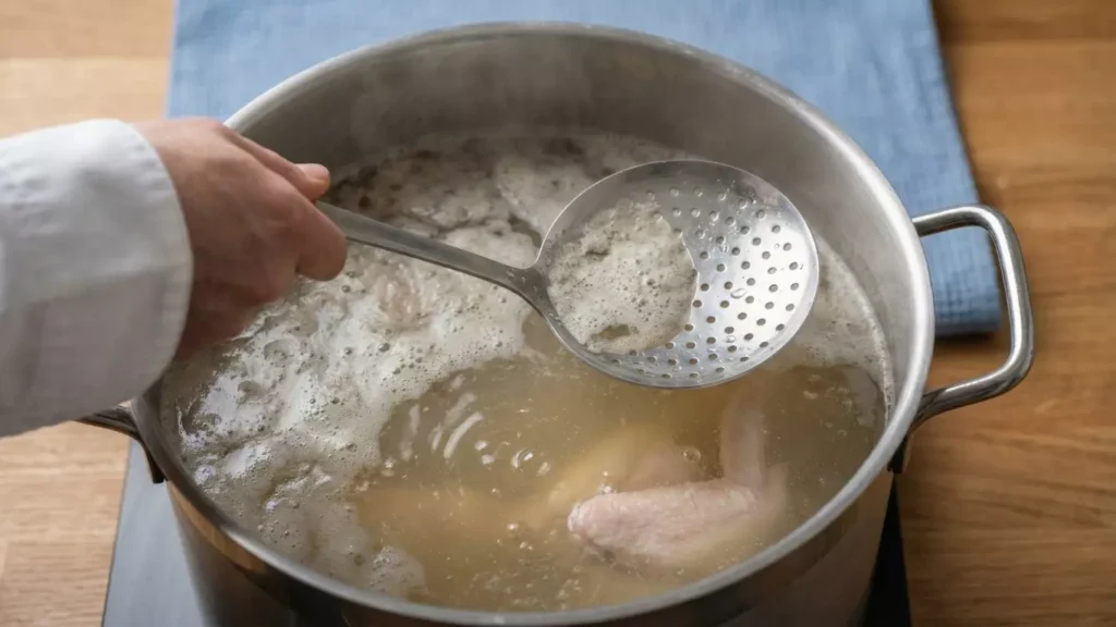 Main tenant écumoire retirant mousse grisâtre du bouillon de poule au pot en cours de cuisson dans grande marmite