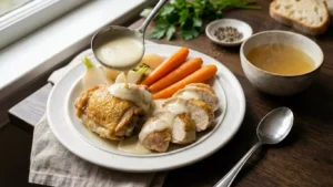 Assiette de poule au pot servie avec morceaux de volaille, légumes colorés, sauce blanche crémeuse et bol de bouillon chaud