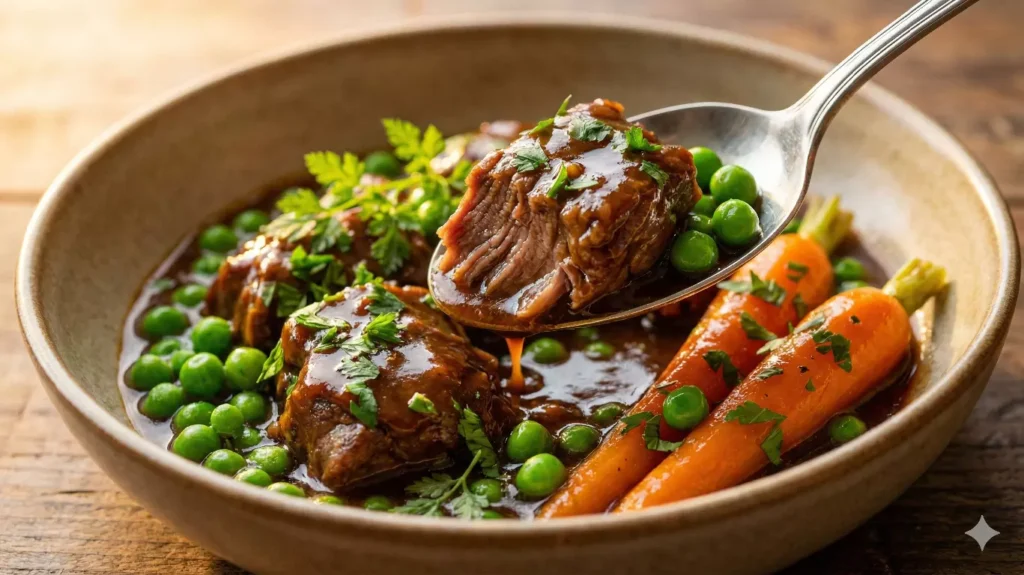 Gros plan sur une assiette creuse de navarin d'agneau printanier, montrant la texture fondante de la viande, la brillance de la sauce et la couleur vive des petits pois ajoutés à la fin.