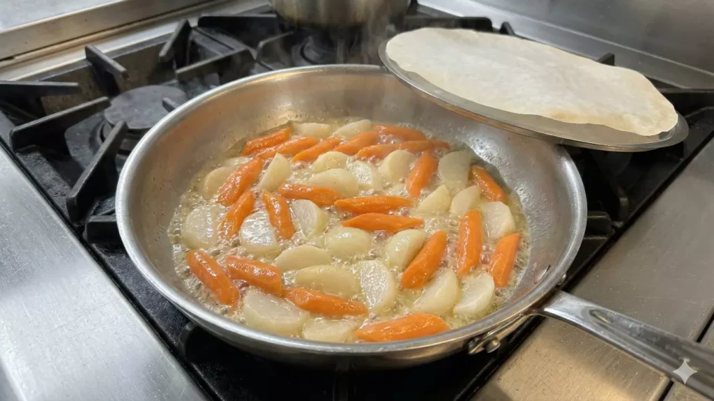 Carottes nouvelles et navets taillés en tronçons réguliers en train de cuire dans une sauteuse pour un glaçage à blanc brillant.