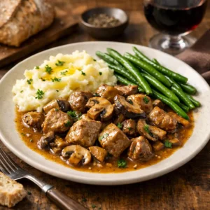 Sauté de veau aux champignons servi à l’assiette avec sauce nappante