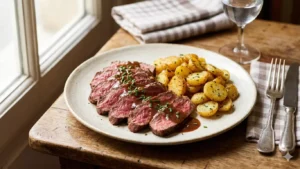 Araignée de boeuf servie avec sauce échalote fondante et pommes de terre sautées — recette bistrot parisien