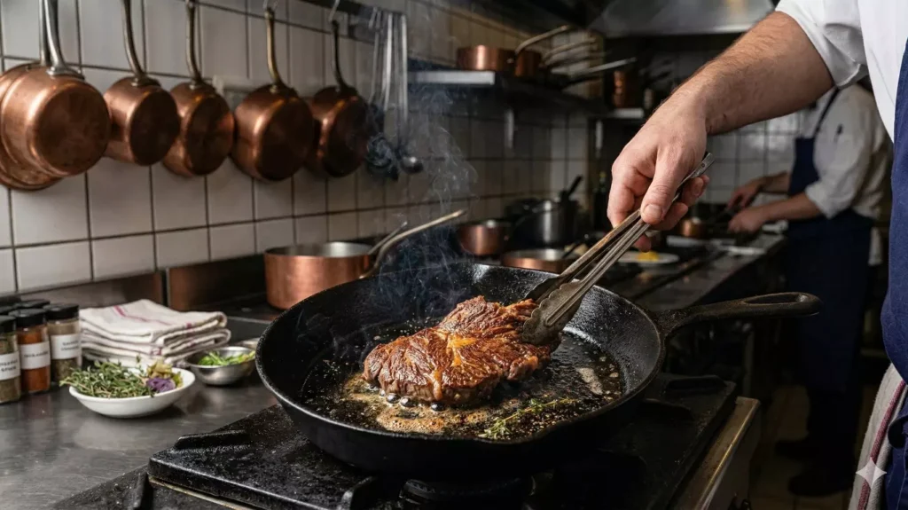 Araignée de boeuf saisie dans une poêle en fonte très chaude
au beurre — technique bistrot pour une croûte dorée parfaite