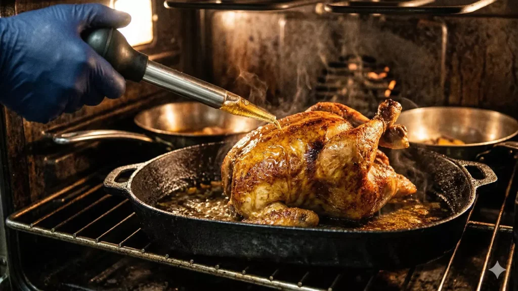 Arrosage du poulet rôti au four avec le jus de cuisson —
technique de rotation pour une chair juteuse et uniforme