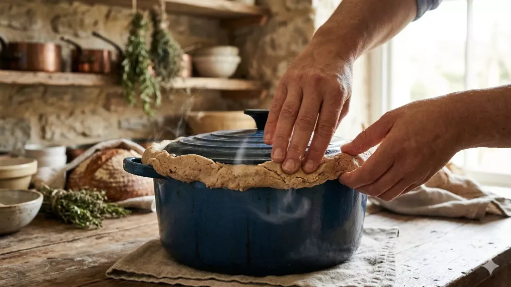 Cocotte en fonte lutée à la pâte morte pour la cuisson hermétique
du gigot de 7 heures — technique des grands chefs