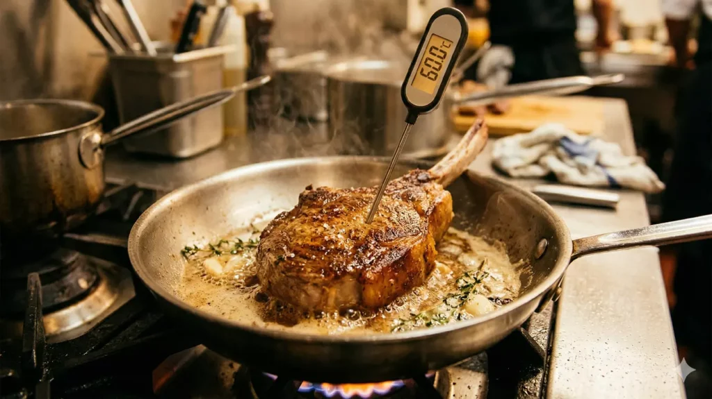 Cuisson côte de veau à la poêle avec thermomètre à sonde
à 60°C - technique chef pour réussir les recettes de veau