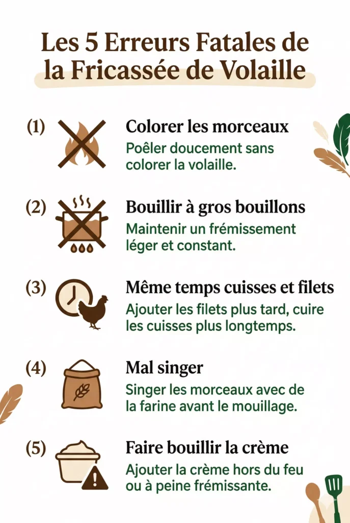 Infographie des 5 erreurs à éviter pour réussir une fricassée de volaille
