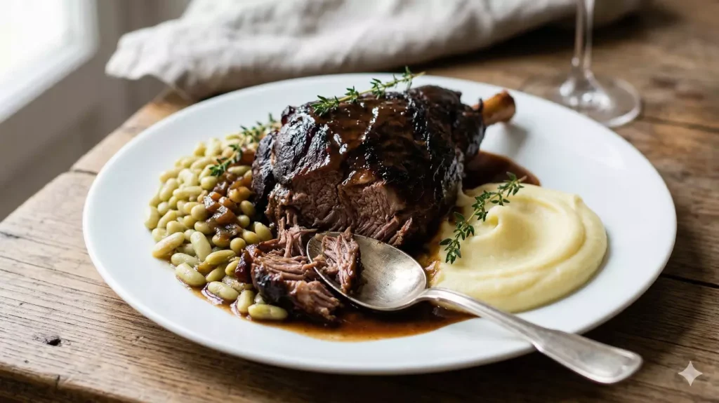 Assiette de gigot de 7 heures servi à la cuillère avec flageolets
verts et jus réduit — recette traditionnelle française