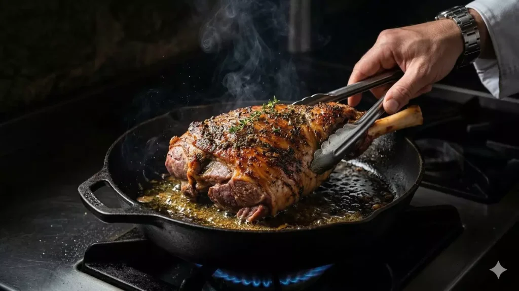 Saisie du gigot d'agneau dans une poêle en fonte très chaude —
étape clé avant la cuisson de 7 heures