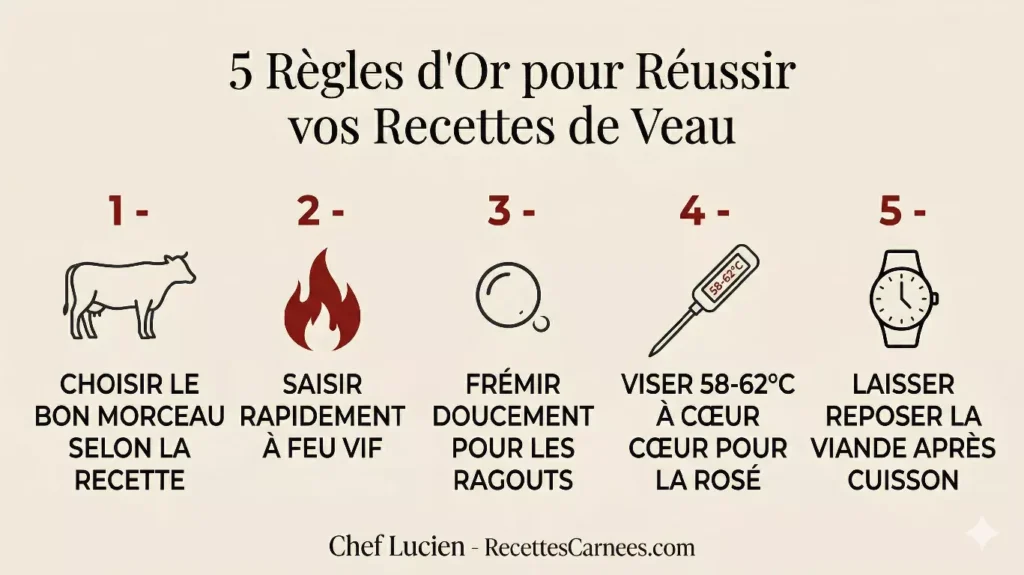 Infographie les 5 règles d'or pour réussir toutes
les recettes de veau selon Chef Lucien RecettesCarnees