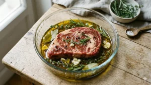 Marinade pour viande préparée avec herbes fraîches, ail et épices dans un plat en verre