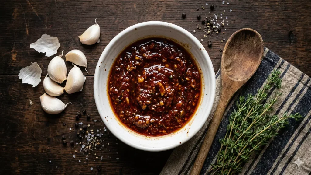 Marinade viande rouge pour bœuf avec vinaigre balsamique, ail et herbes fraîches