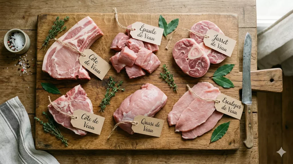 Guide des morceaux de veau pour réussir vos recettes
de veau - épaule jarret noix quasi côte sur planche bois