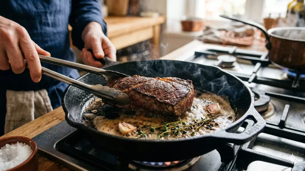 Onglet de bœuf saisi dans une poêle en fonte très chaude
au beurre et huile — technique bistrot pour une croûte dorée parfaite