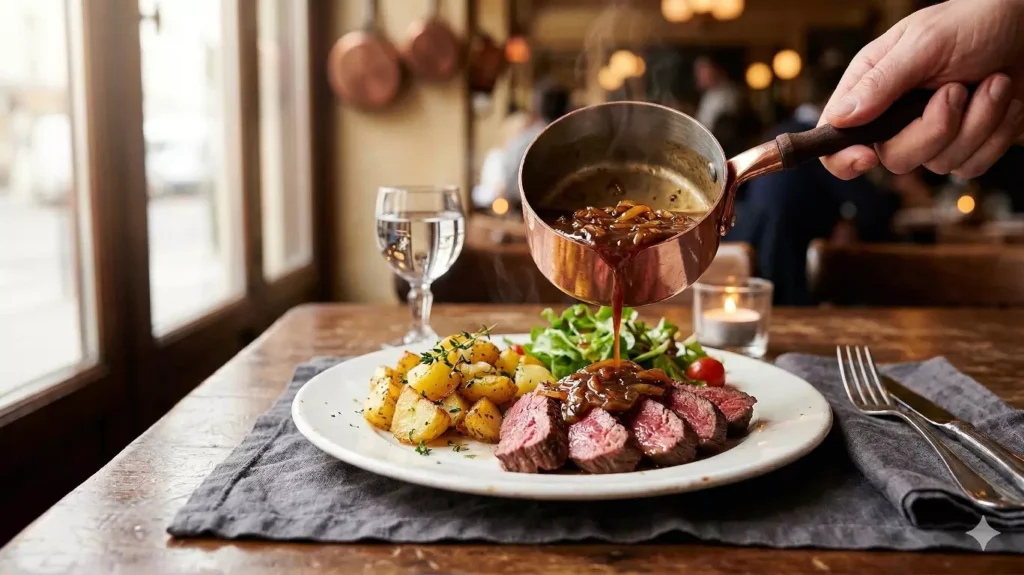 Onglet de bœuf à l'échalote servi avec sauce fondante
et pommes de terre sautées — recette bistrot parisien traditionnel