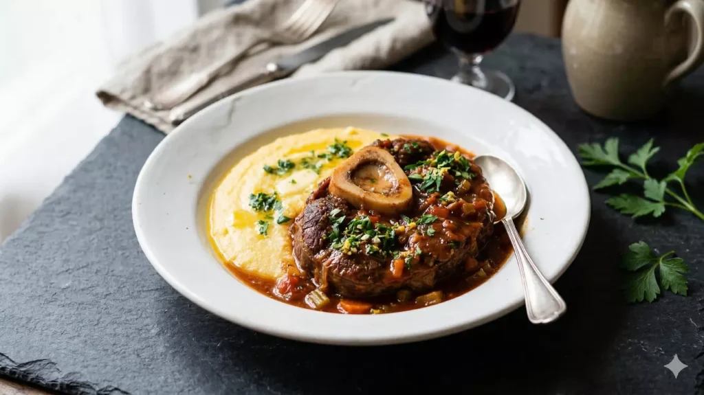 Osso buco de veau servi en assiette avec gremolata et moelle — recette traditionnelle milanaise