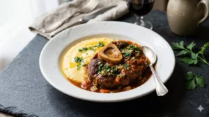 Osso buco de veau servi en assiette avec gremolata et moelle — recette traditionnelle milanaise