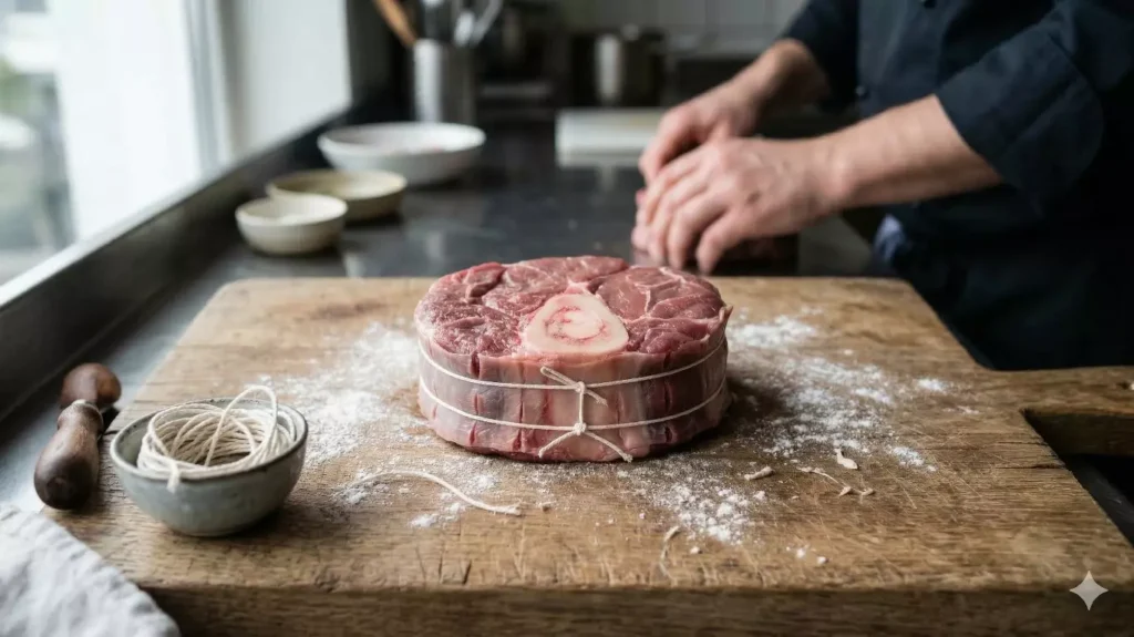 Tranche de jarret de veau ficelée et entaillée avant cuisson — technique osso buco