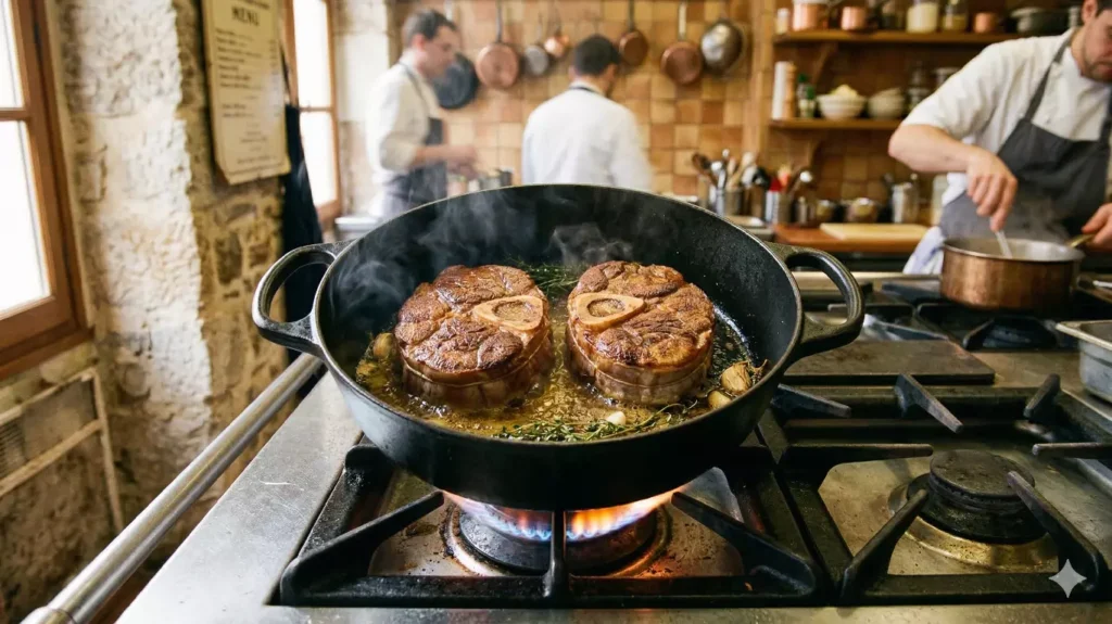 Saisie des tranches de jarret de veau dans une cocotte en fonte — technique osso buco