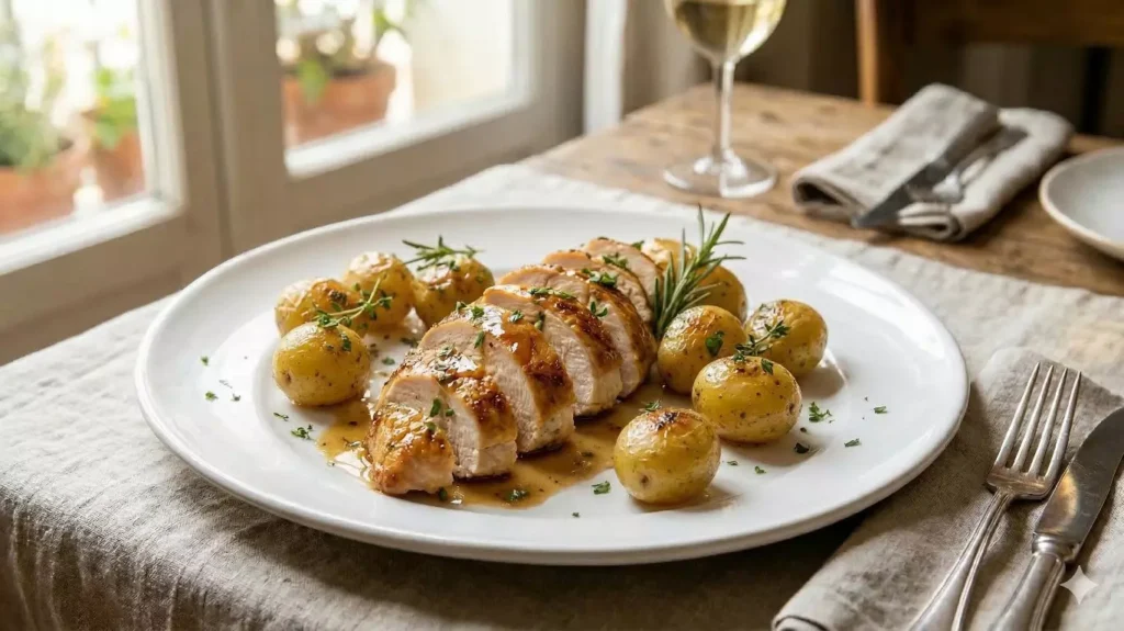 Poulet rôti au four découpé et servi avec jus réduit
et pommes de terre dorées — recette traditionnelle française