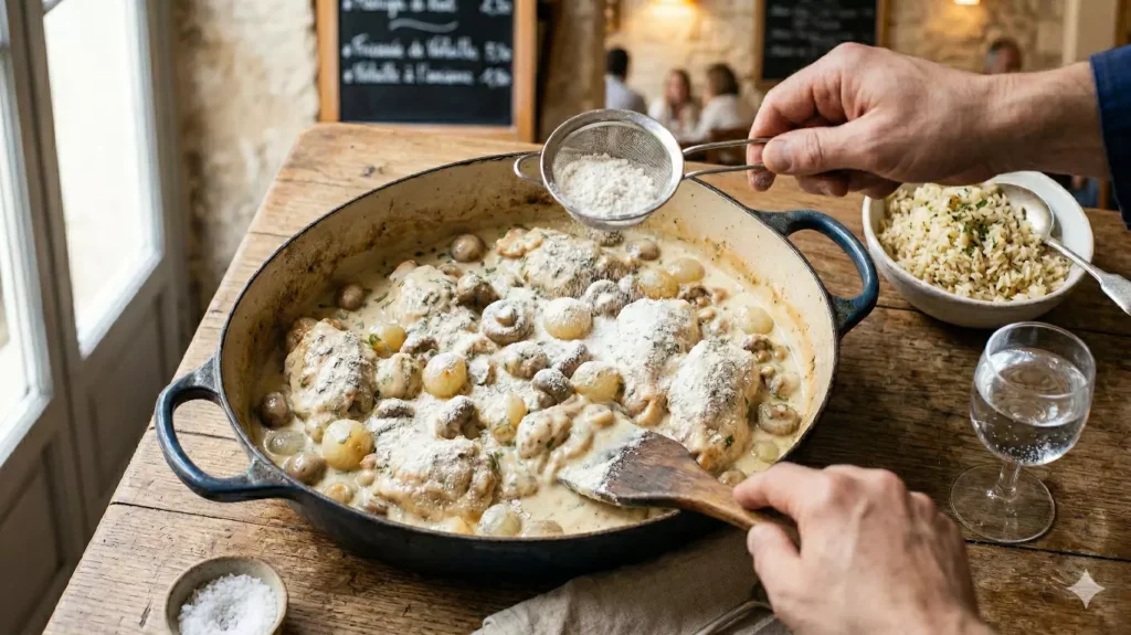 Technique du singer : saupoudrer de farine les morceaux de poulet avant le mouillement