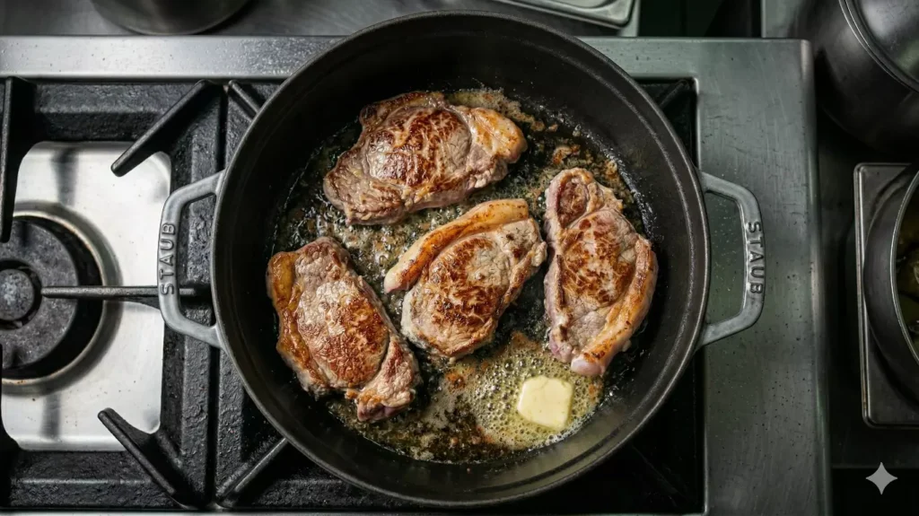 Tendrons de veau dorés dans une cocotte en fonte à feu vif —
technique de coloration 160-180°C pour une sauce onctueuse