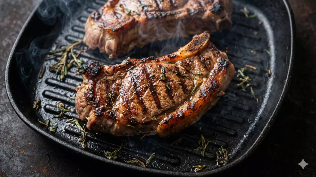 Tendrons de veau grillés à la poêle fonte — croûte caramélisée
et intérieur moelleux après marinade aux herbes