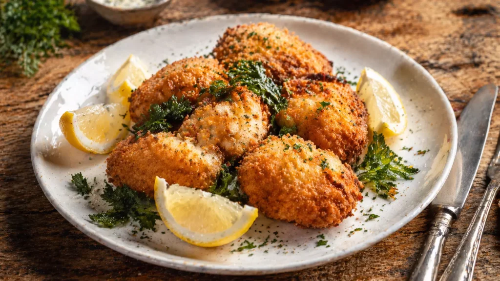 Animelles panées à l'anglaise dorées et croustillantes servies avec quartiers de citron