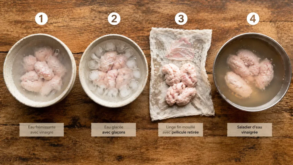Préparation des animelles en 4 étapes blanchiment refroidissement dépouillage et dégorgement