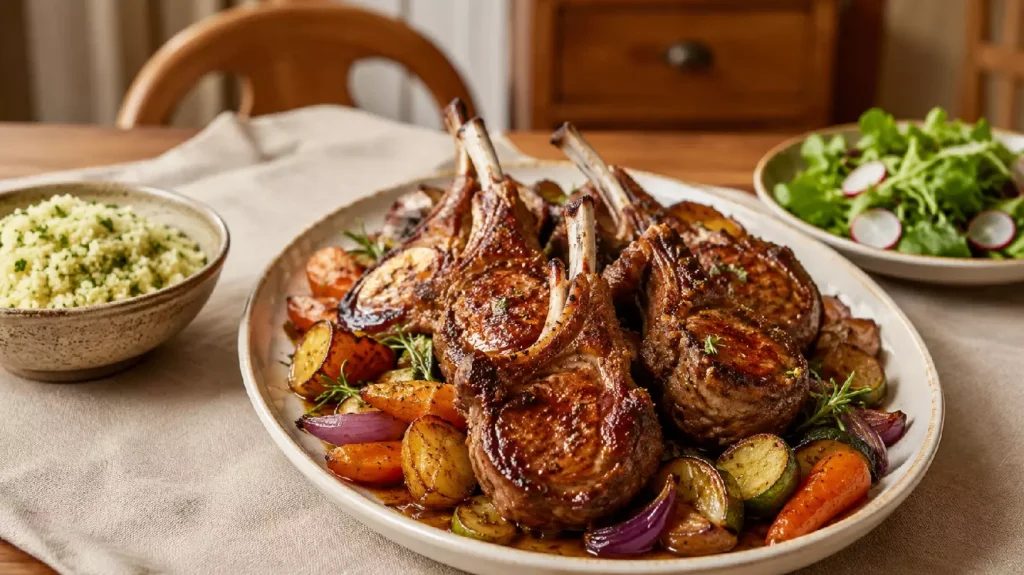 Accompagnement côtelettes d’agneau avec légumes rôtis et semoule aux herbes