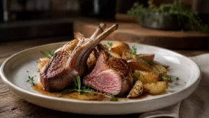 Côtelettes agneau dorées à la poêle avec herbes et pommes de terre rôties
