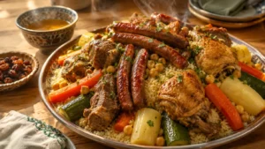 couscous royal maison avec semoule légumes agneau poulet et merguez