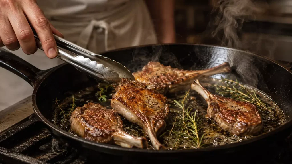 Cuisson des côtelettes d’agneau à la poêle avec romarin et huile d’olive