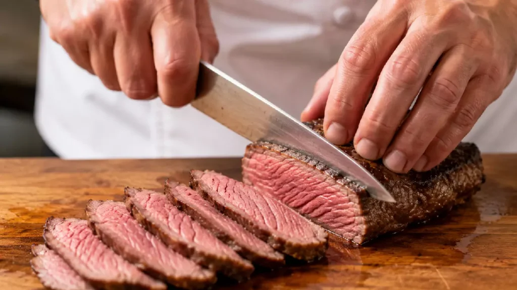 découpe contre les fibres pour attendrir une viande de bœuf