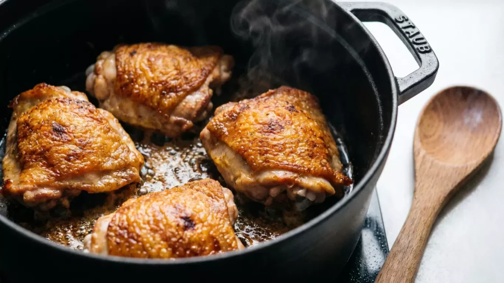 morceaux de poulet dorés pour recette de poulet au citron en cocotte