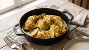 poulet au citron fondant en cocotte avec sauce citronnée parfumée