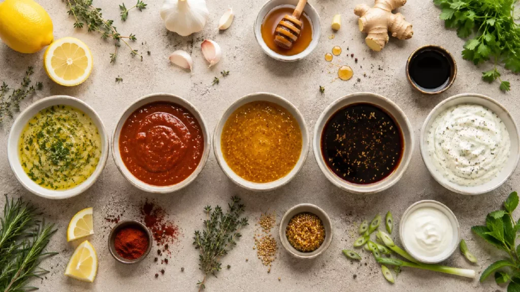 Cinq marinades pour poulet en bols : citron, paprika, miel-moutarde, soja, yaourt