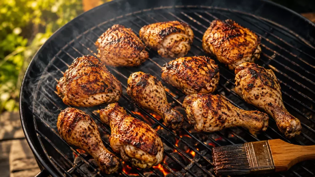 Cuisses de poulet marinées dorant sur la grille du barbecue