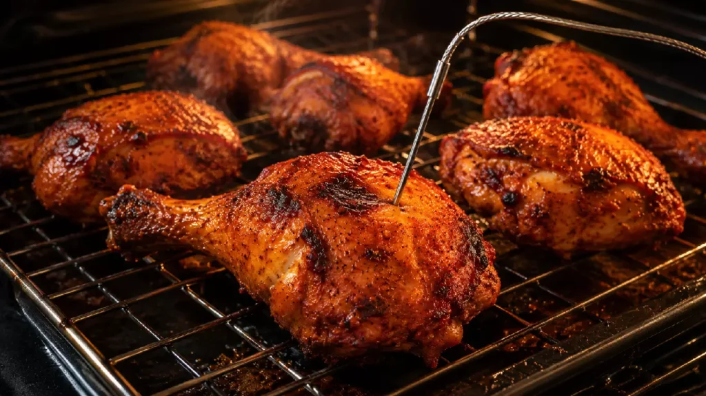 Cuisson du poulet tandoori contrôlée au thermomètre à 74 °C à cœur