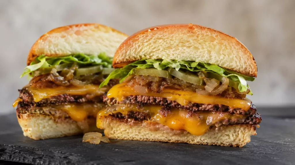 Double smash burger maison ouvert avec cheddar fondu et oignons