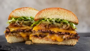 Double smash burger maison ouvert avec cheddar fondu et oignons