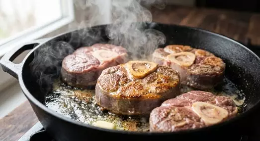 Saisie des rouelles de jarret de veau dans une cocotte en fonte