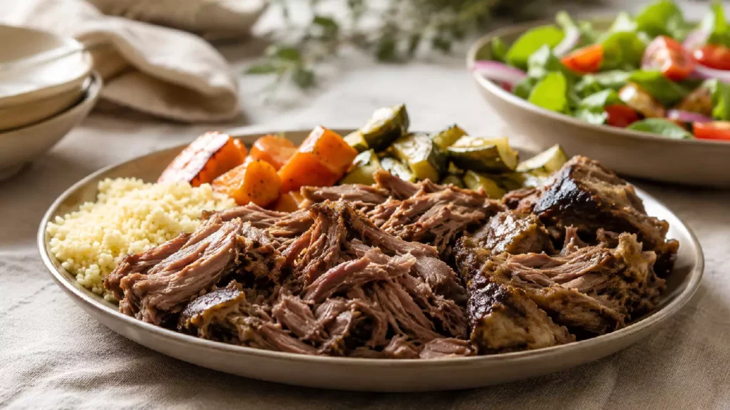 Méchoui d'agneau servi avec semoule et légumes mijotés
