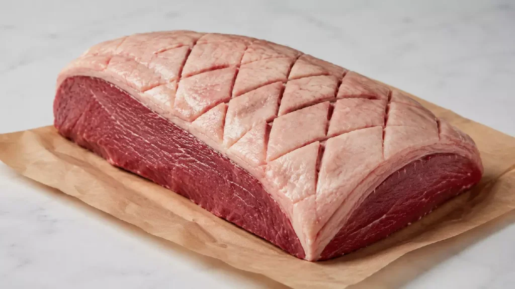 Pièce de picanha de bœuf crue avec sa capuche de gras quadrillée