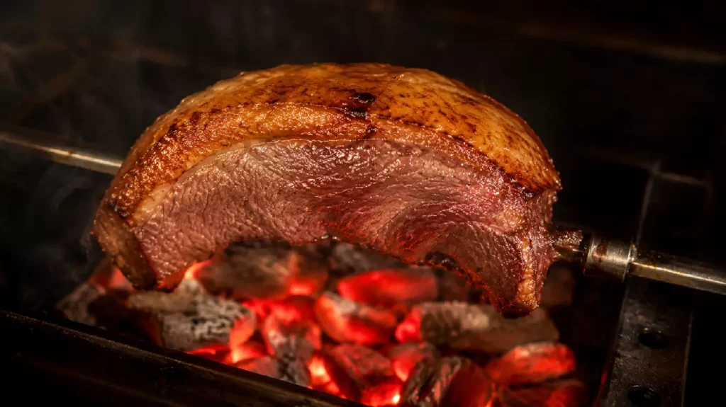 Picanha de bœuf au barbecue sur broche, gras doré au-dessus des braises