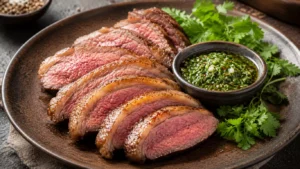 Tranches de picanha de bœuf rosées servies avec une sauce chimichurri